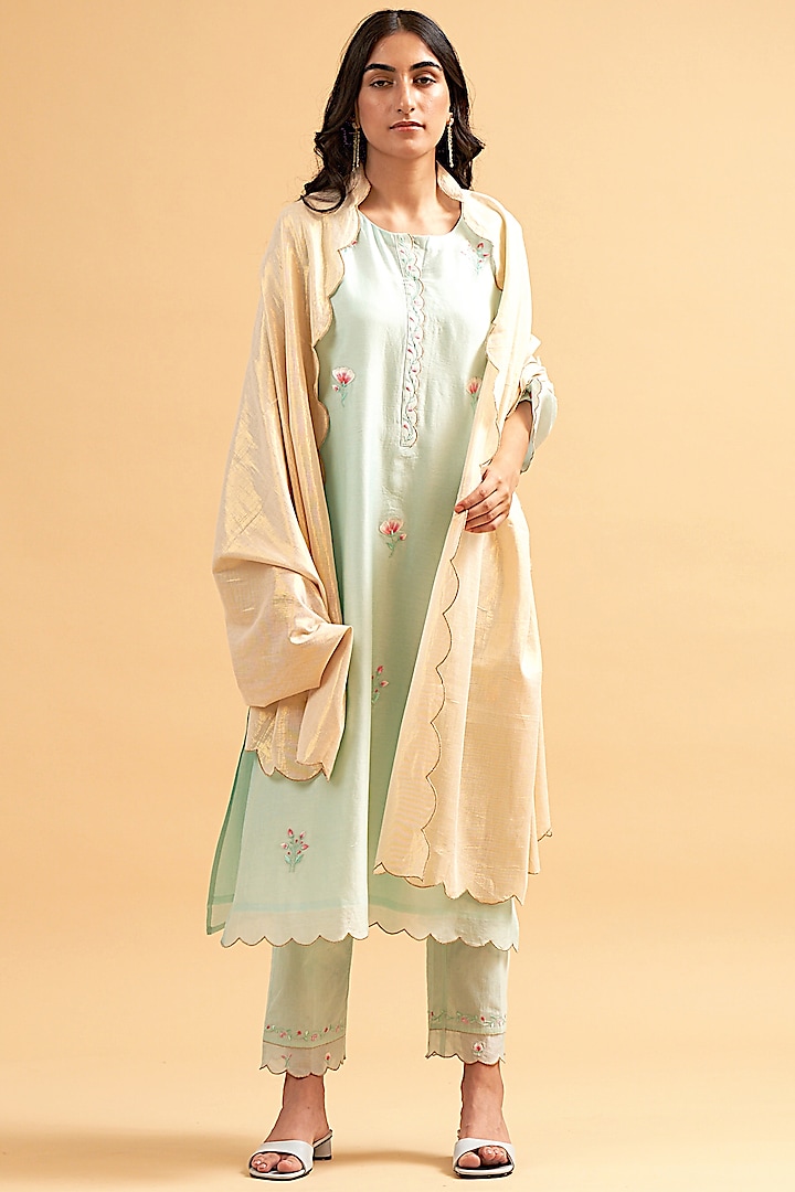 Mint Silk Chanderi Embroidered Kurta Set by Anantaa By Roohi Trehan at Pernia's Pop Up Shop