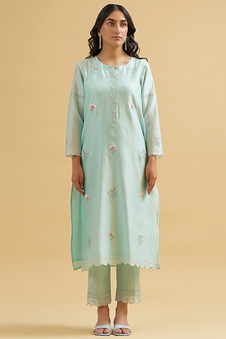 Mint Silk Chanderi Embroidered Kurta Set by Anantaa By Roohi Trehan at Pernia's Pop Up Shop