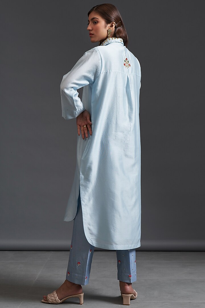 Light Blue Silk Chanderi Embroidered Tunic Set by Anantaa By Roohi Trehan at Pernia's Pop Up Shop