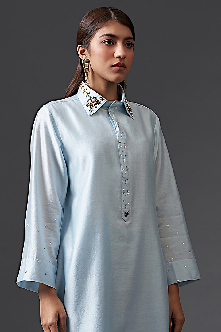 Light Blue Silk Chanderi Embroidered Tunic Set by Anantaa By Roohi Trehan at Pernia's Pop Up Shop