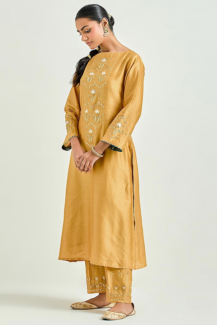 Mustard Silk Chanderi Embroidered Kurta Set by Anantaa By Roohi Trehan at Pernia's Pop Up Shop