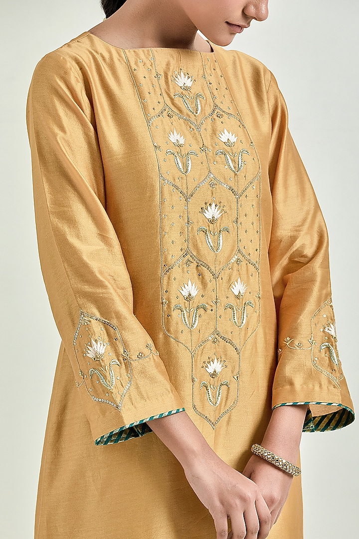 Mustard Silk Chanderi Embroidered Kurta Set by Anantaa By Roohi Trehan at Pernia's Pop Up Shop