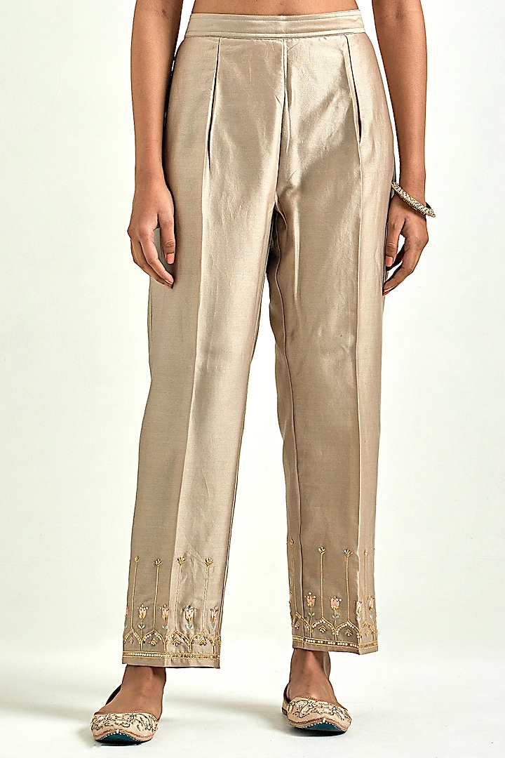 Brown Silk Chanderi Embroidered Kurta Set by Anantaa By Roohi Trehan at Pernia's Pop Up Shop