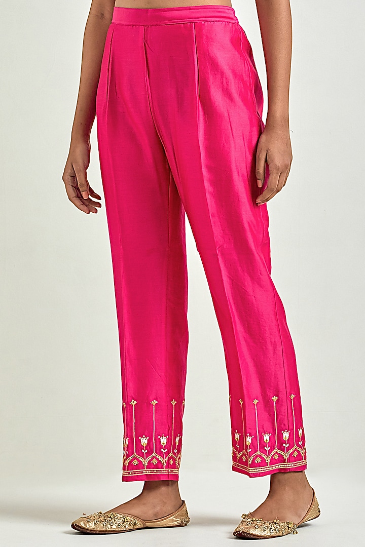Fuchsia Silk Chanderi Embroidered Kurta Set by Anantaa By Roohi Trehan at Pernia's Pop Up Shop