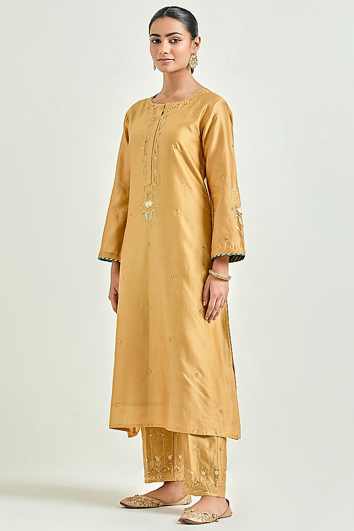 Mustard Silk Chanderi Embroidered Kurta Set by Anantaa By Roohi Trehan at Pernia's Pop Up Shop