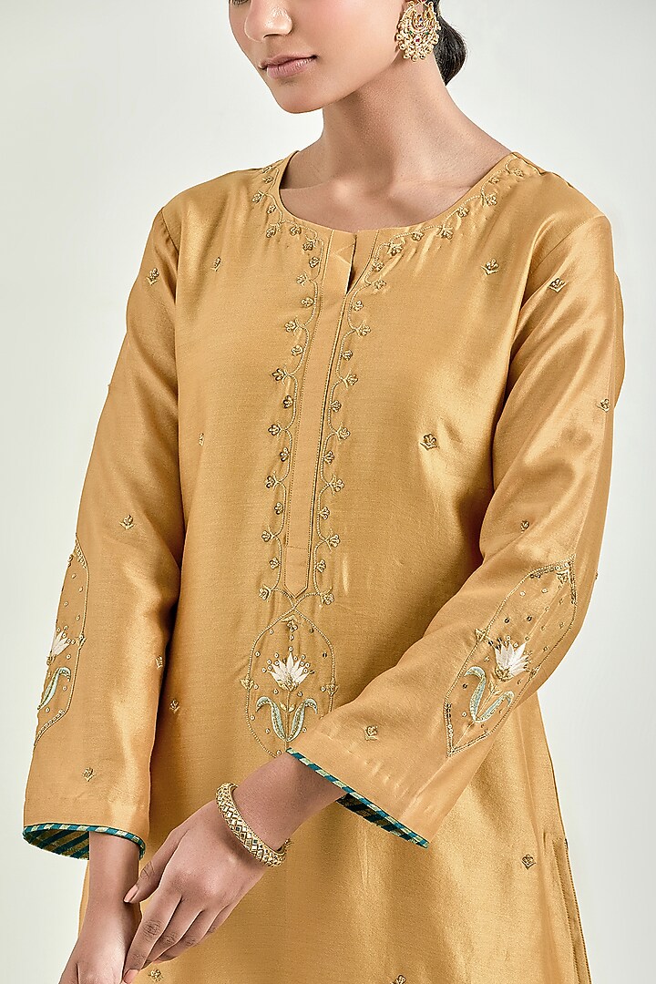 Mustard Silk Chanderi Embroidered Kurta Set by Anantaa By Roohi Trehan at Pernia's Pop Up Shop