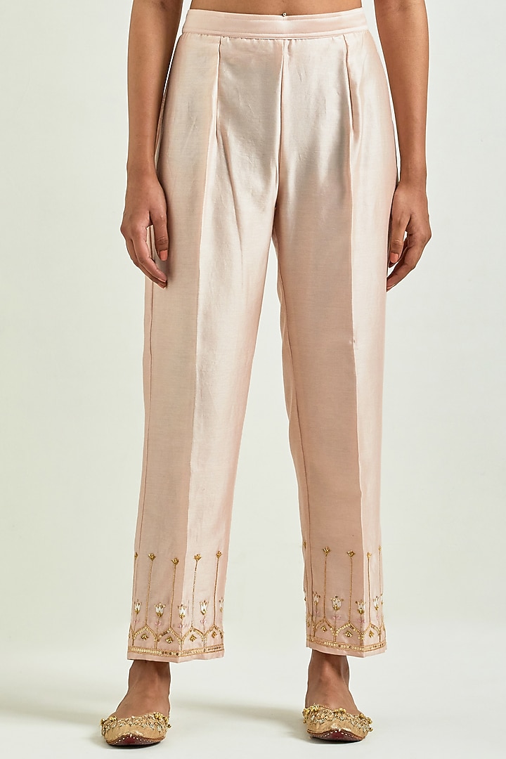 Old Rose Silk Chanderi Embroidered Kurta Set by Anantaa By Roohi Trehan at Pernia's Pop Up Shop