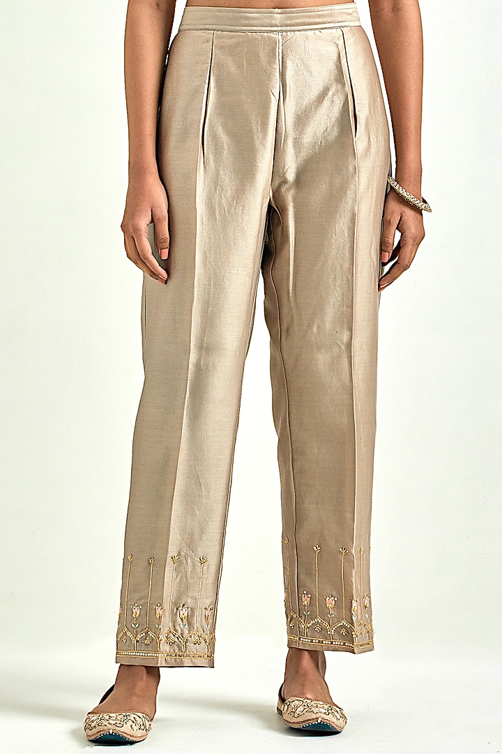 Brown Silk Chanderi Embroidered Kurta Set by Anantaa By Roohi Trehan at Pernia's Pop Up Shop