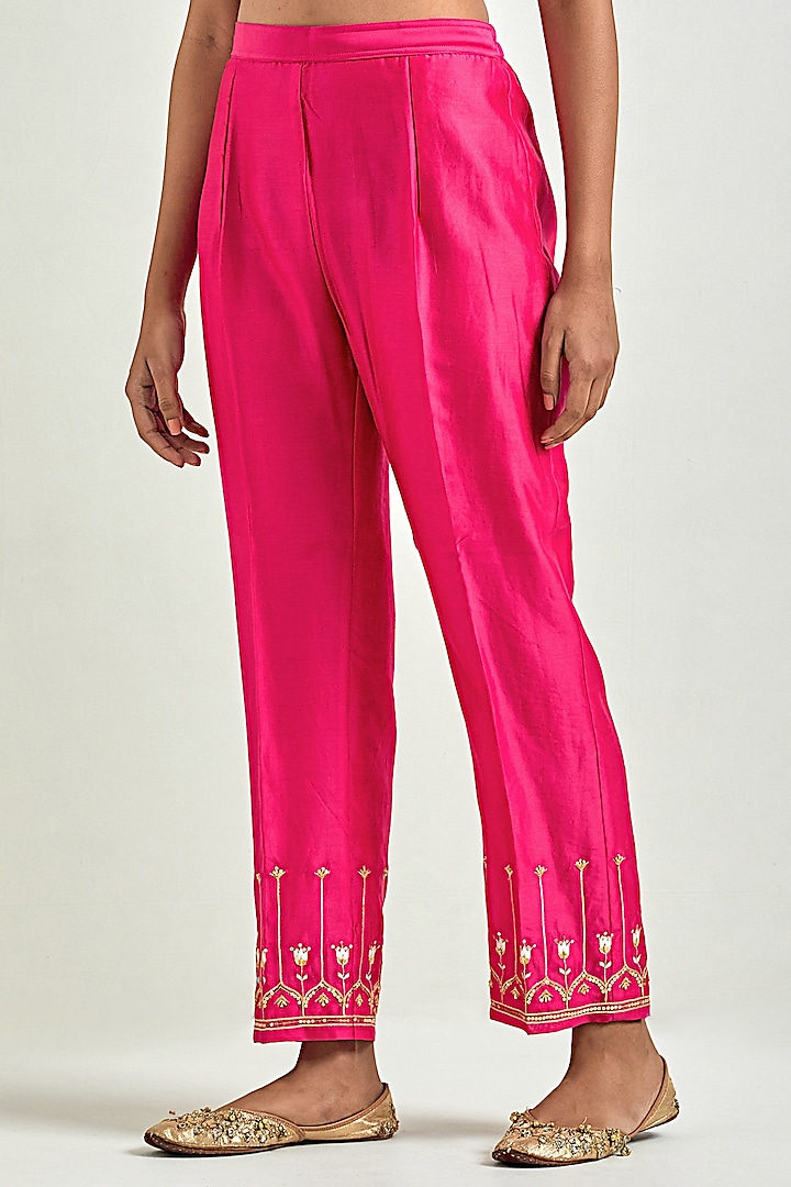 Fuchsia Silk Chanderi Embroidered Kurta Set by Anantaa By Roohi Trehan at Pernia's Pop Up Shop