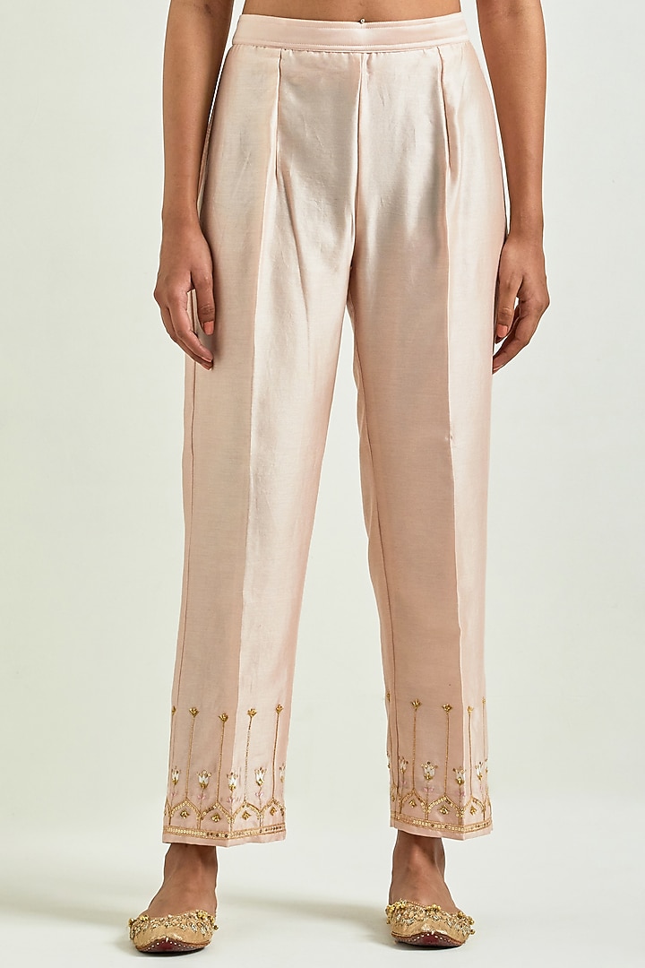 Old Rose Silk Chanderi Embroidered Kurta Set by Anantaa By Roohi Trehan at Pernia's Pop Up Shop