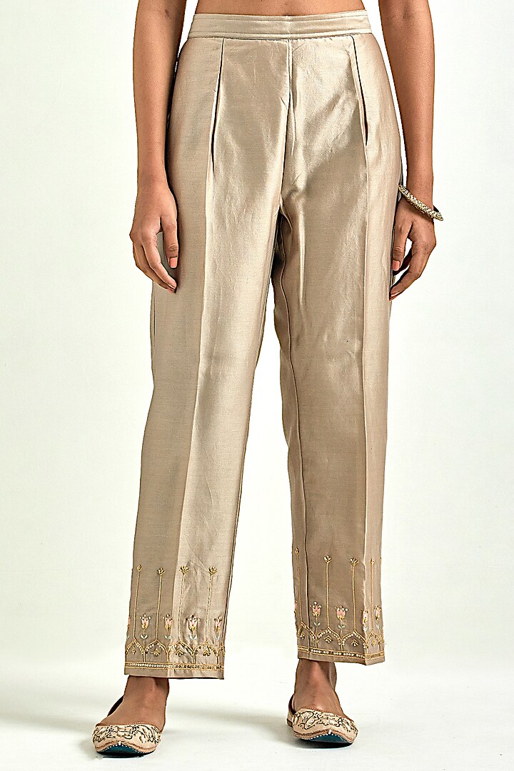 Brown Silk Chanderi Embroidered Kurta Set by Anantaa By Roohi Trehan at Pernia's Pop Up Shop