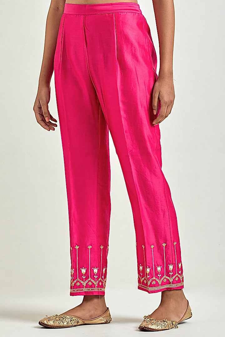 Fuchsia Silk Chanderi Embroidered Kurta Set by Anantaa By Roohi Trehan at Pernia's Pop Up Shop