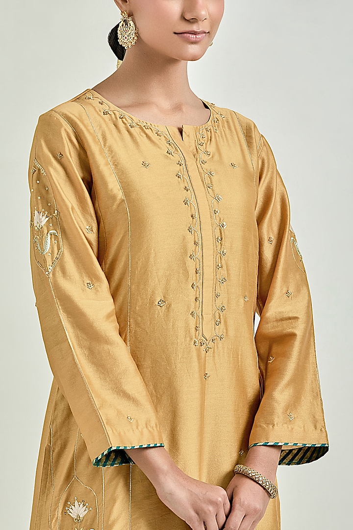 Mustard Silk Chanderi Embroidered Kurta Set by Anantaa By Roohi Trehan at Pernia's Pop Up Shop