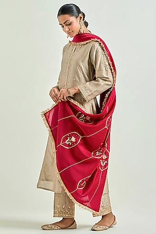 Brown Silk Chanderi Embroidered Kurta Set by Anantaa By Roohi Trehan