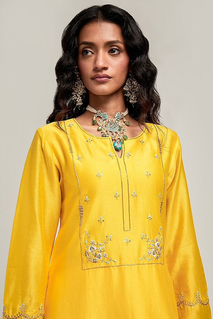 Yellow Silk Chanderi Floral & Cutdana Embroidered Kurta Set by Anantaa By Roohi Trehan at Pernia's Pop Up Shop