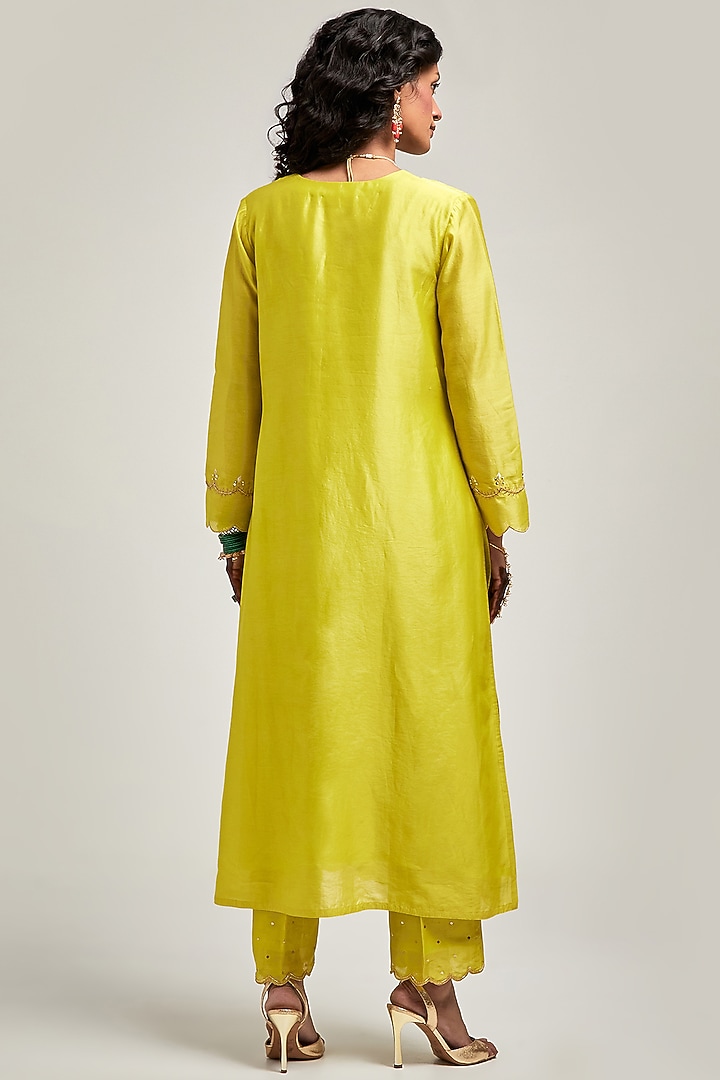 Lime Silk Chanderi Floral & Cutdana Embroidered Kurta Set by Anantaa By Roohi Trehan at Pernia's Pop Up Shop