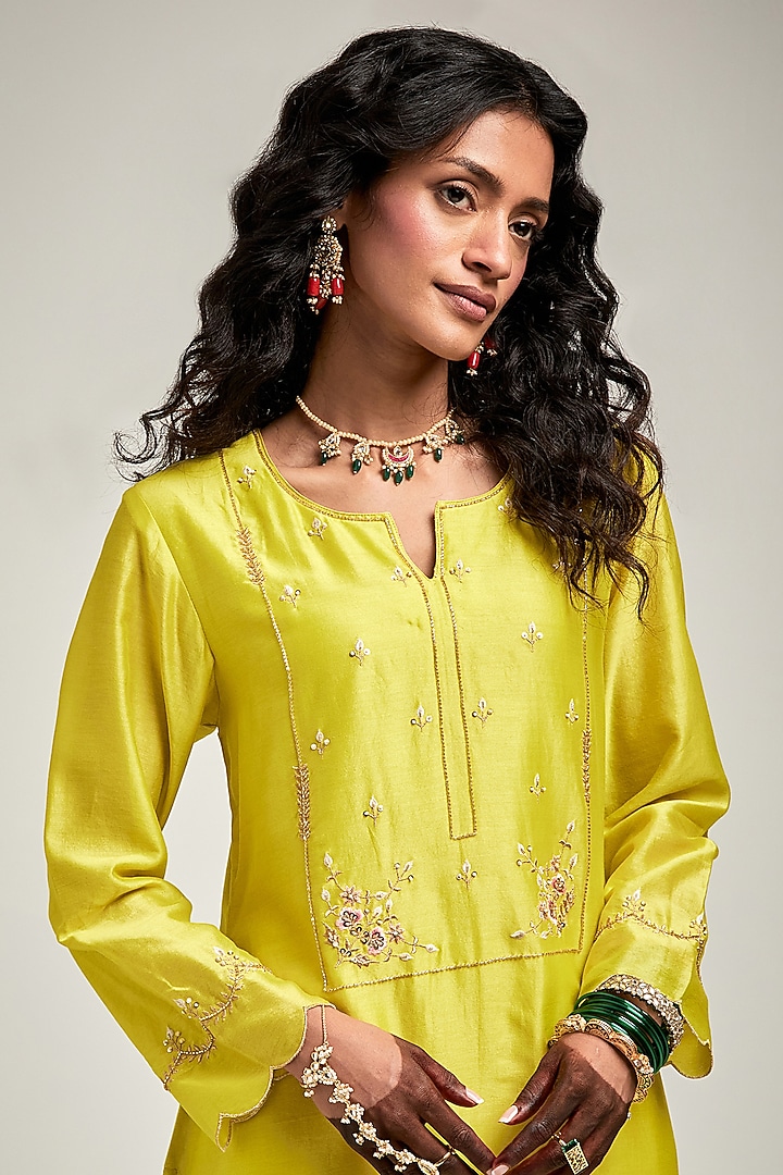 Lime Silk Chanderi Floral & Cutdana Embroidered Kurta Set by Anantaa By Roohi Trehan at Pernia's Pop Up Shop