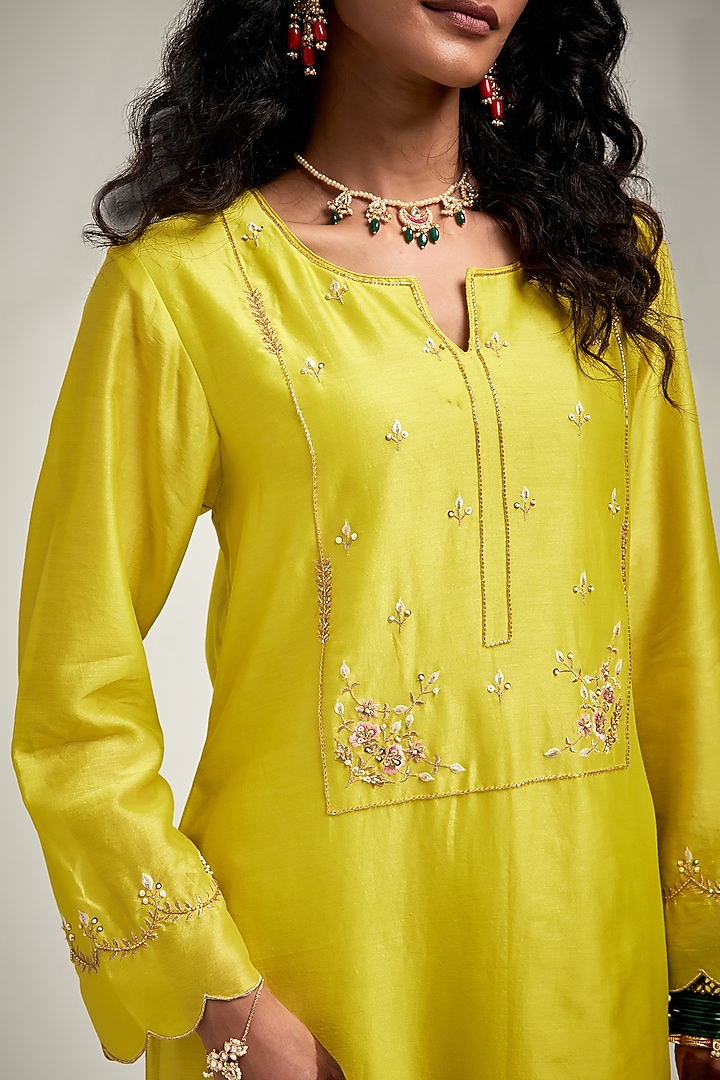 Lime Silk Chanderi Floral & Cutdana Embroidered Kurta Set by Anantaa By Roohi Trehan at Pernia's Pop Up Shop