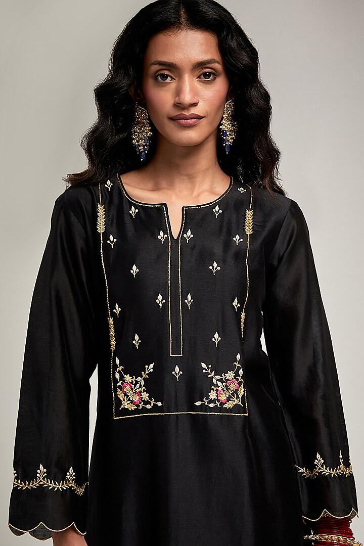 Black Silk Chanderi Floral & Cutdana Embroidered Kurta Set by Anantaa By Roohi Trehan at Pernia's Pop Up Shop
