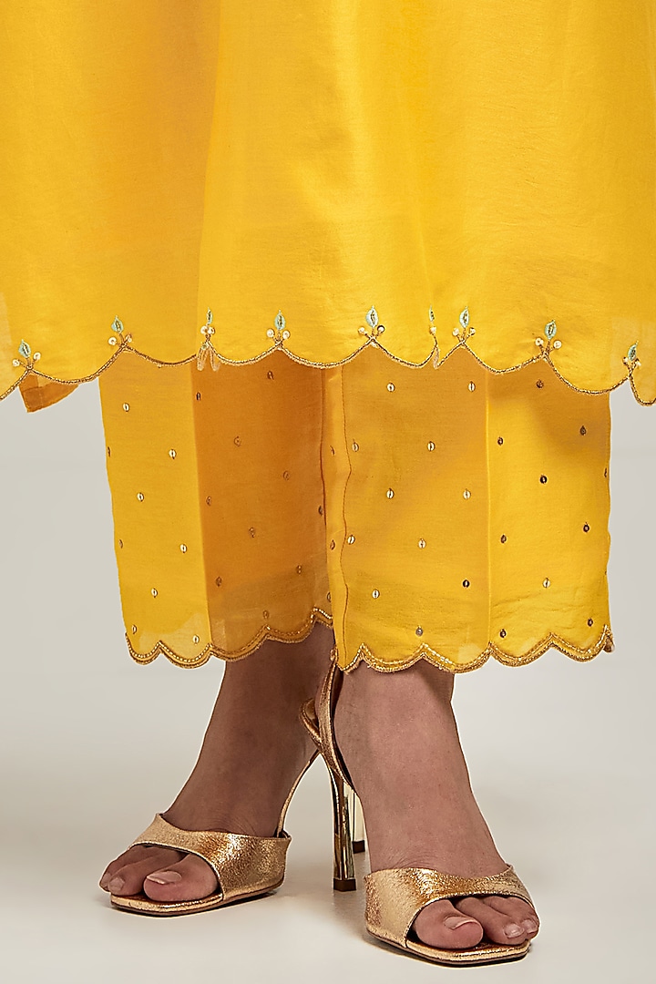 Yellow Silk Chanderi Sequin & Cutdana Embroidered Kurta Set by Anantaa By Roohi Trehan at Pernia's Pop Up Shop