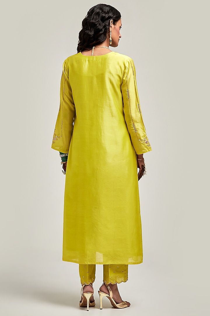 Lime Silk Chanderi Sequin & Cutdana Embroidered Kurta Set by Anantaa By Roohi Trehan at Pernia's Pop Up Shop