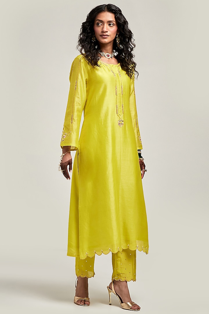 Lime Silk Chanderi Sequin & Cutdana Embroidered Kurta Set by Anantaa By Roohi Trehan at Pernia's Pop Up Shop