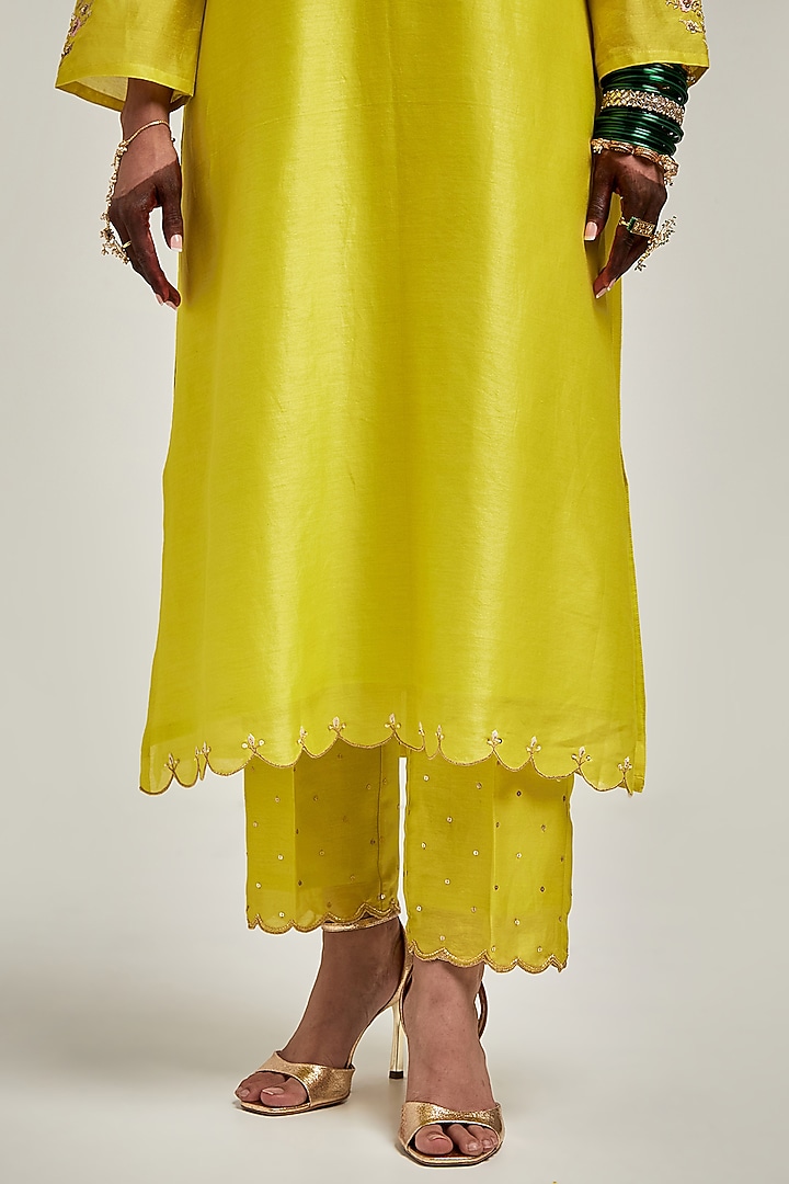 Lime Silk Chanderi Sequin & Cutdana Embroidered Kurta Set by Anantaa By Roohi Trehan at Pernia's Pop Up Shop