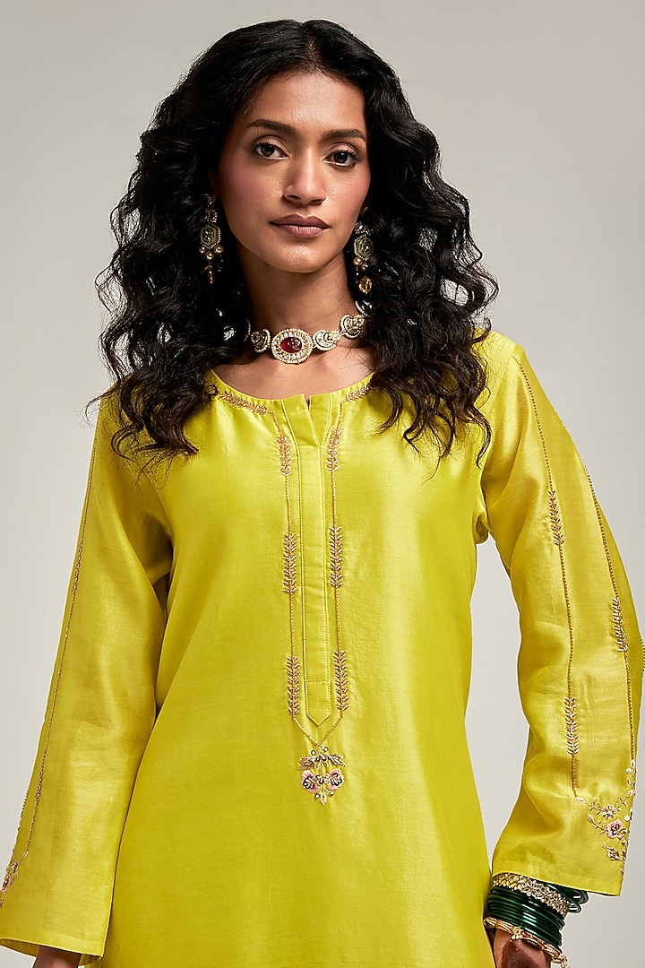 Lime Silk Chanderi Sequin & Cutdana Embroidered Kurta Set by Anantaa By Roohi Trehan at Pernia's Pop Up Shop