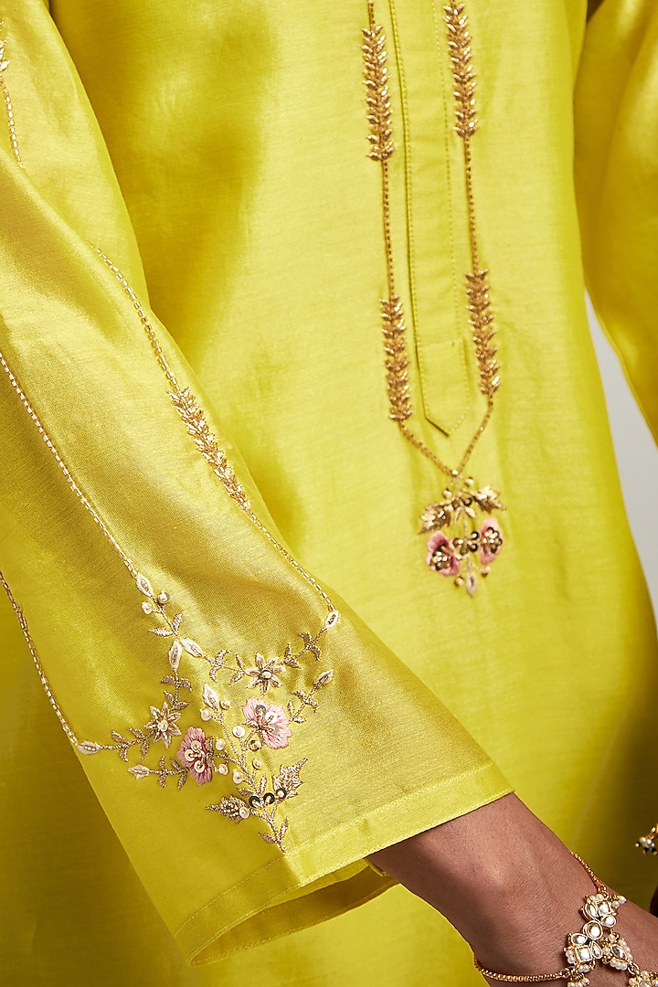 Lime Silk Chanderi Sequin & Cutdana Embroidered Kurta Set by Anantaa By Roohi Trehan at Pernia's Pop Up Shop