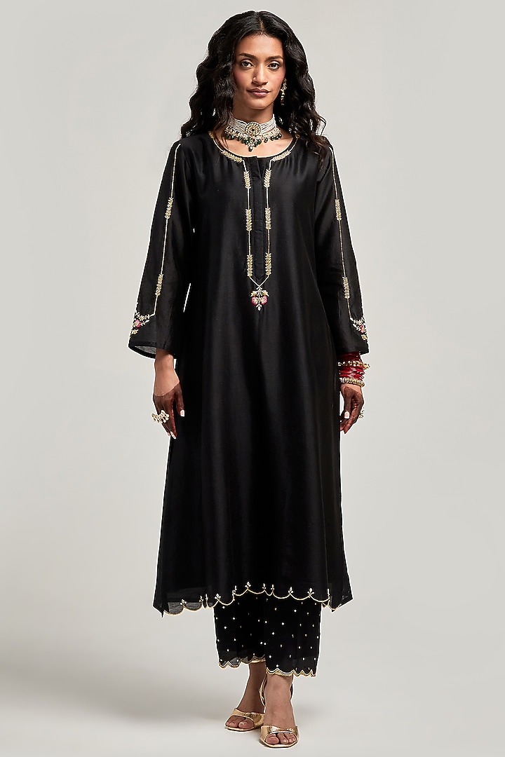 Black Silk Chanderi Sequin & Cutdana Embroidered Kurta Set by Anantaa By Roohi Trehan at Pernia's Pop Up Shop