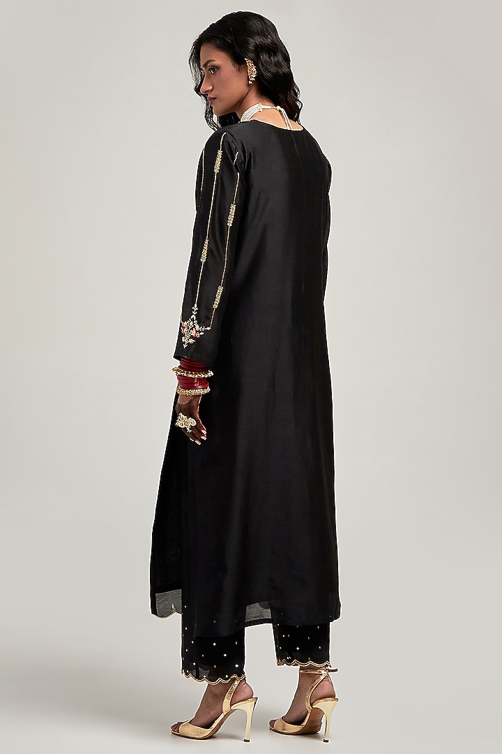 Black Silk Chanderi Sequin & Cutdana Embroidered Kurta Set by Anantaa By Roohi Trehan at Pernia's Pop Up Shop