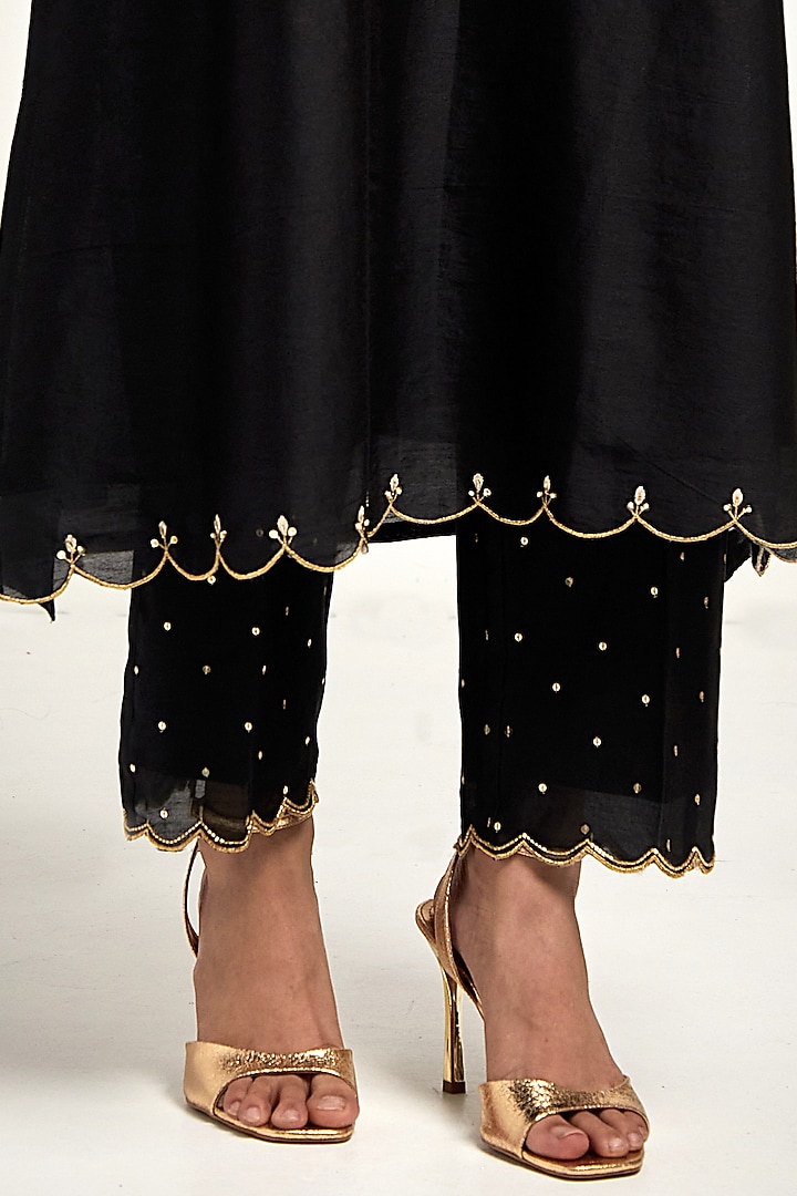 Black Silk Chanderi Sequin & Cutdana Embroidered Kurta Set by Anantaa By Roohi Trehan at Pernia's Pop Up Shop