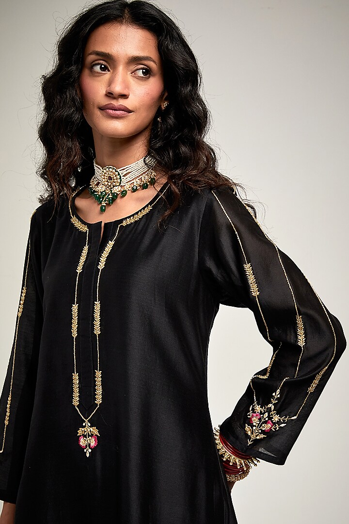 Black Silk Chanderi Sequin & Cutdana Embroidered Kurta Set by Anantaa By Roohi Trehan at Pernia's Pop Up Shop