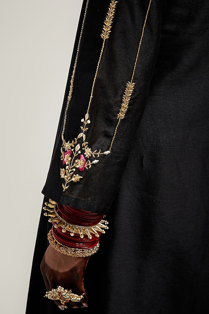 Black Silk Chanderi Sequin & Cutdana Embroidered Kurta Set by Anantaa By Roohi Trehan at Pernia's Pop Up Shop