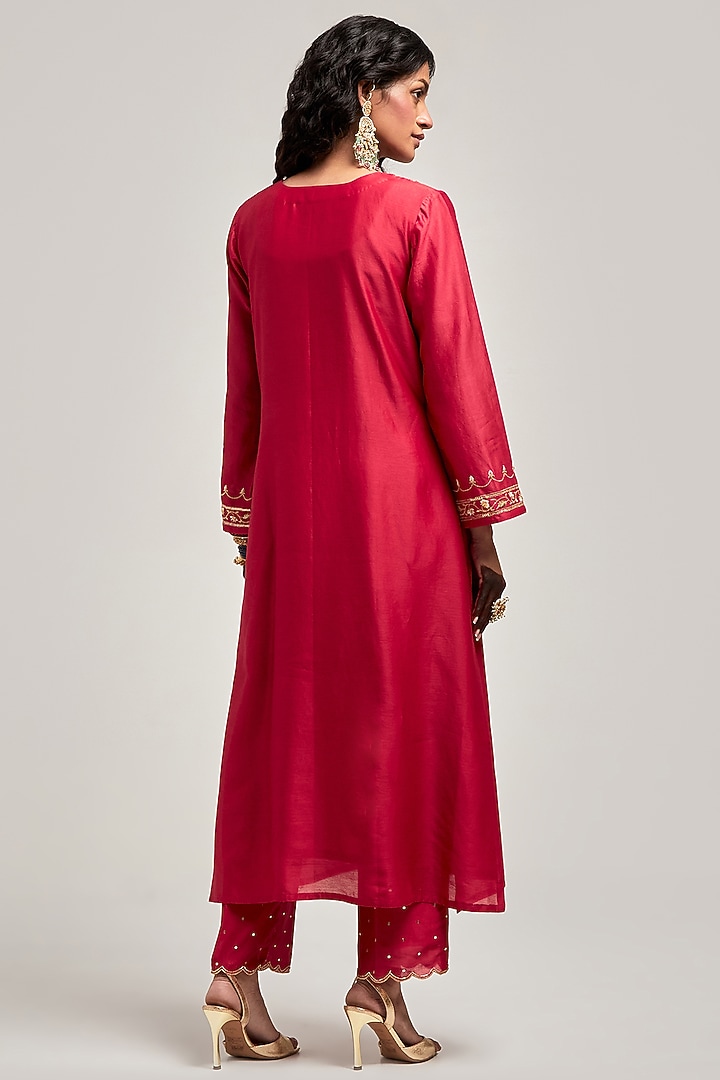 Red Silk Chanderi Zari & Resham Embroidered Kurta Set by Anantaa By Roohi Trehan at Pernia's Pop Up Shop