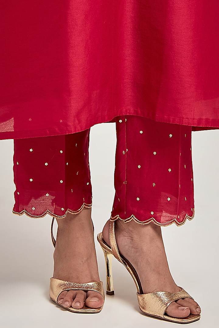 Red Silk Chanderi Zari & Resham Embroidered Kurta Set by Anantaa By Roohi Trehan at Pernia's Pop Up Shop