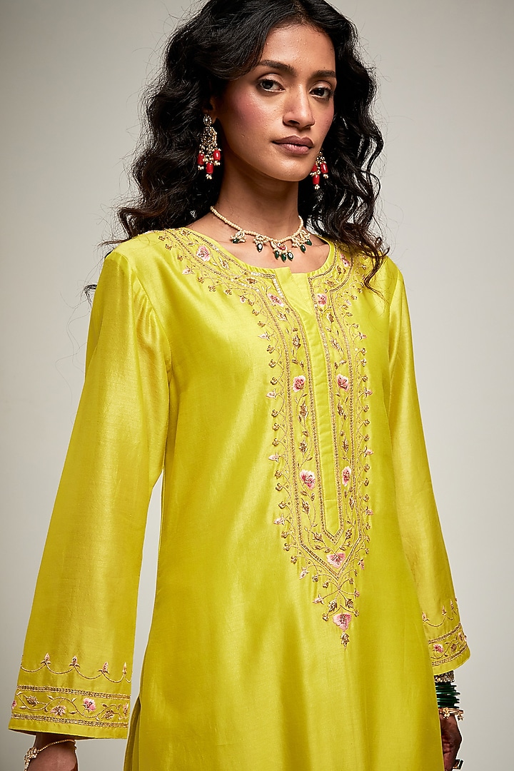 Lime Silk Chanderi Zari & Resham Embroidered Kurta Set by Anantaa By Roohi Trehan at Pernia's Pop Up Shop