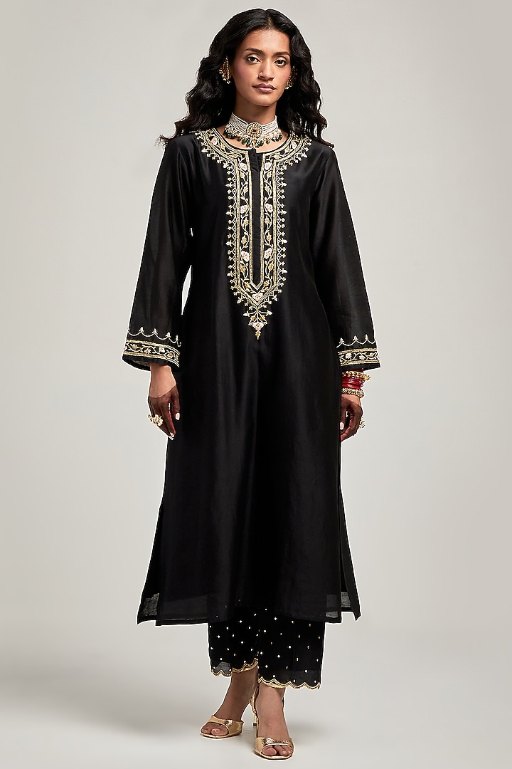Black Silk Chanderi Zari & Resham Embroidered Kurta Set by Anantaa By Roohi Trehan at Pernia's Pop Up Shop