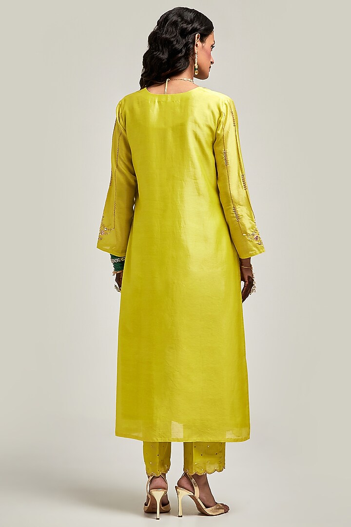 Lime Silk Chanderi Sequins Embroidered Kurta Set by Anantaa By Roohi Trehan at Pernia's Pop Up Shop