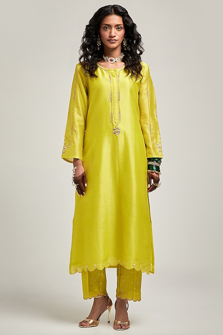 Lime Silk Chanderi Sequins Embroidered Kurta Set by Anantaa By Roohi Trehan at Pernia's Pop Up Shop