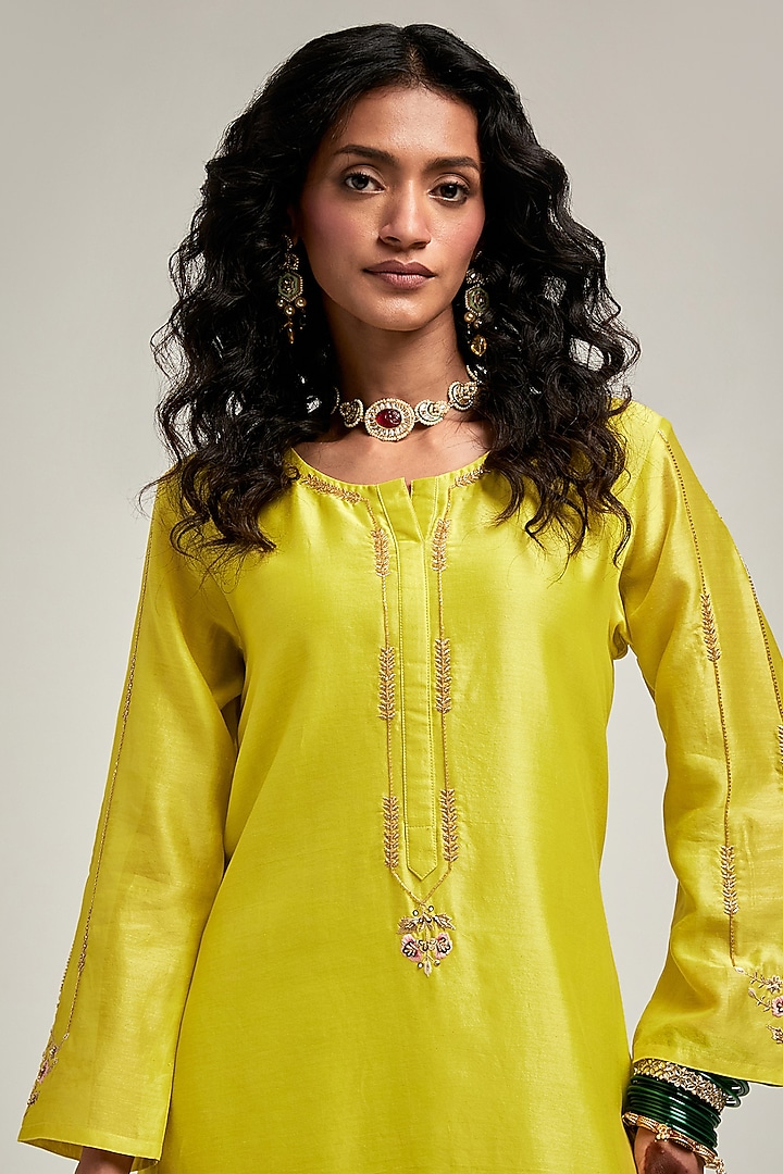 Lime Silk Chanderi Sequins Embroidered Kurta Set by Anantaa By Roohi Trehan at Pernia's Pop Up Shop