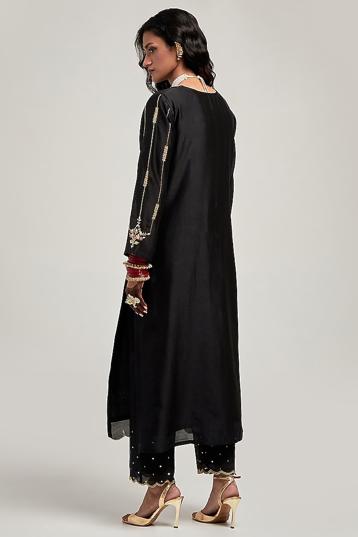 Black Silk Chanderi Sequins Embroidered Kurta Set by Anantaa By Roohi Trehan at Pernia's Pop Up Shop