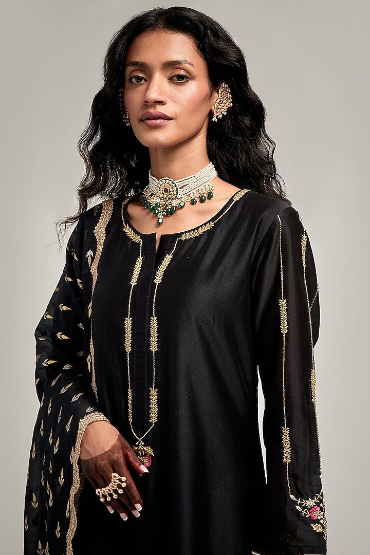 Black Silk Chanderi Sequins Embroidered Kurta Set by Anantaa By Roohi Trehan at Pernia's Pop Up Shop