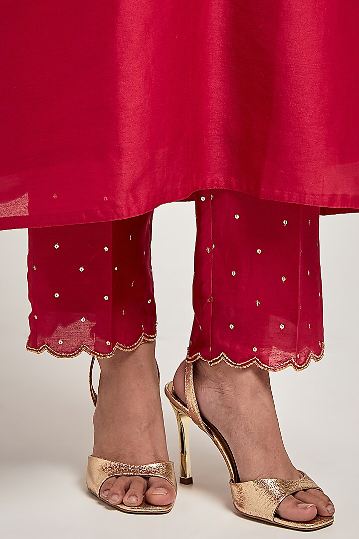Red Silk Chanderi Sequins Embroidered Kurta Set by Anantaa By Roohi Trehan at Pernia's Pop Up Shop