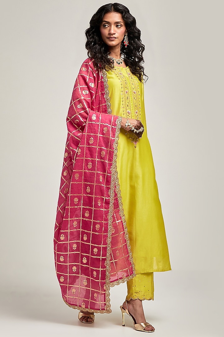 Lime Silk Chanderi Sequins Embroidered Kurta Set by Anantaa By Roohi Trehan at Pernia's Pop Up Shop