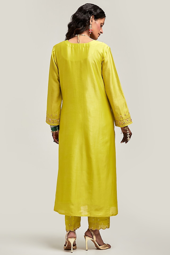 Lime Silk Chanderi Sequins Embroidered Kurta Set by Anantaa By Roohi Trehan at Pernia's Pop Up Shop