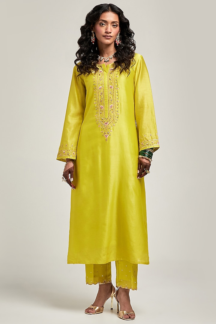 Lime Silk Chanderi Sequins Embroidered Kurta Set by Anantaa By Roohi Trehan at Pernia's Pop Up Shop