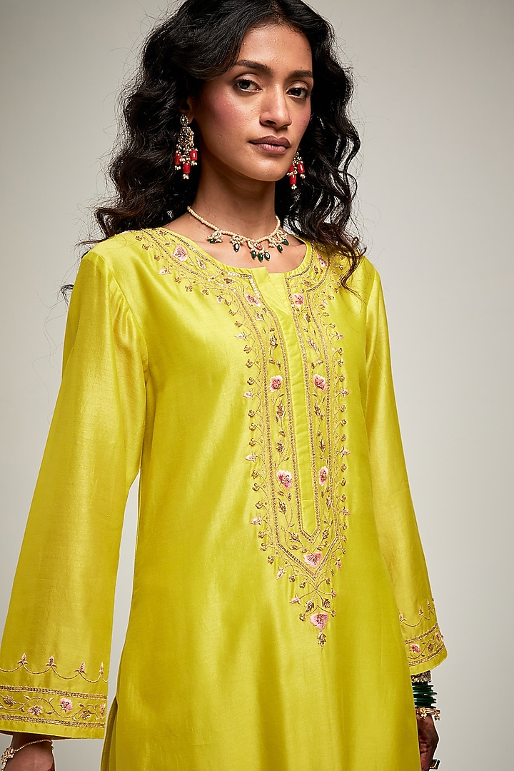 Lime Silk Chanderi Sequins Embroidered Kurta Set by Anantaa By Roohi Trehan at Pernia's Pop Up Shop