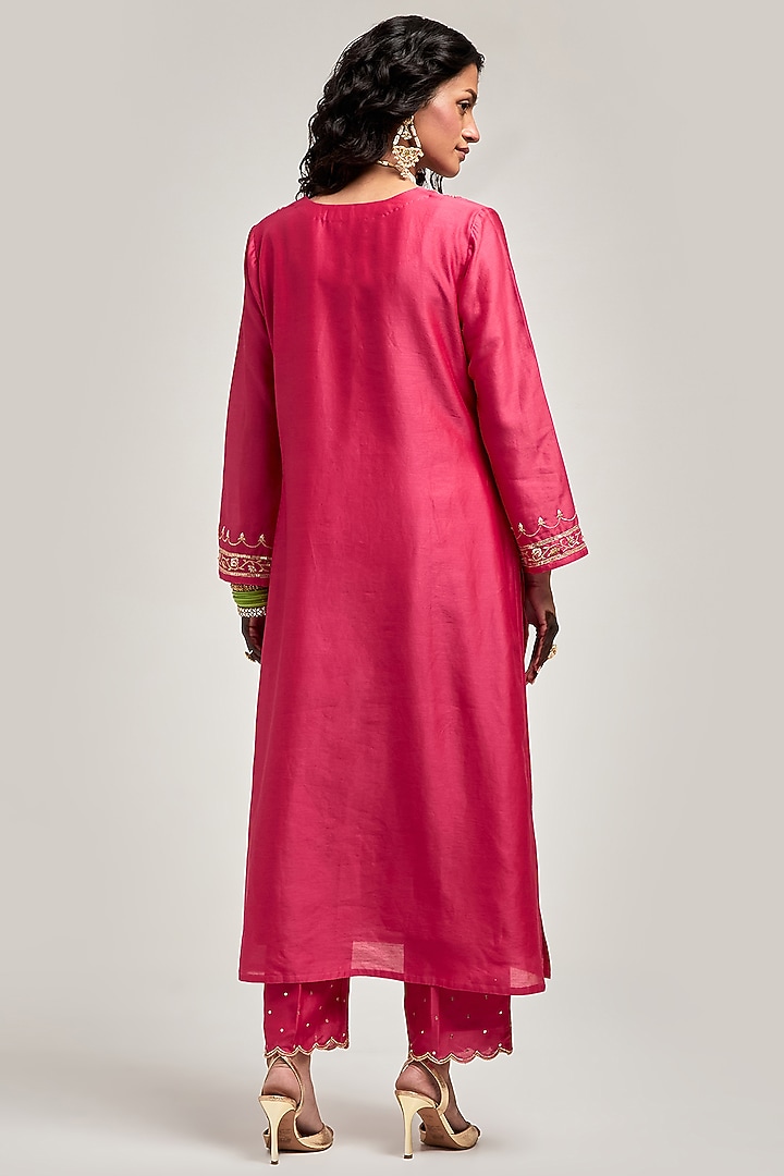 Fuchsia Silk Chanderi Sequins Embroidered Kurta Set by Anantaa By Roohi Trehan at Pernia's Pop Up Shop