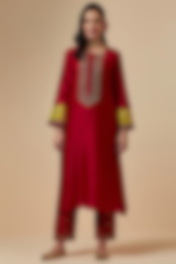 Red Hand Embroidered A-line Kurta by Anantaa By Roohi Trehan